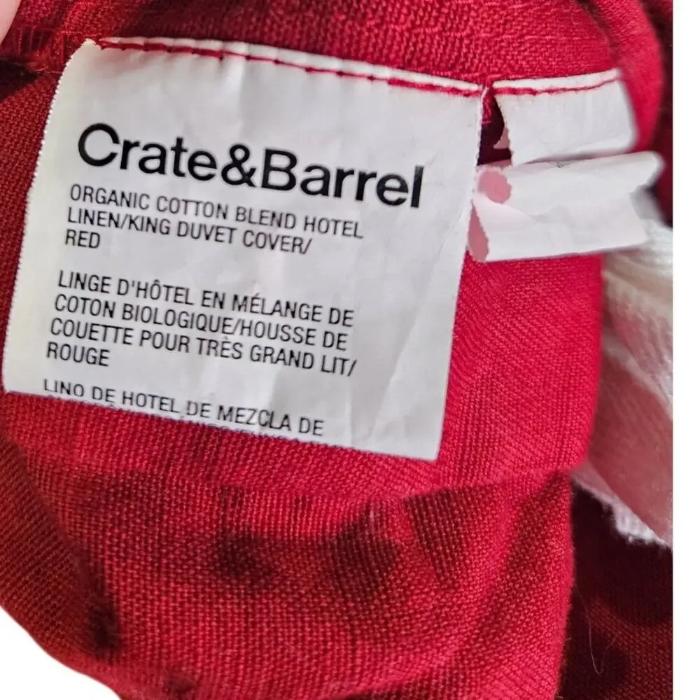 Crate & Barrel Red Organic Cotton King Duvet Cover 2 Pillow Shams White Border
